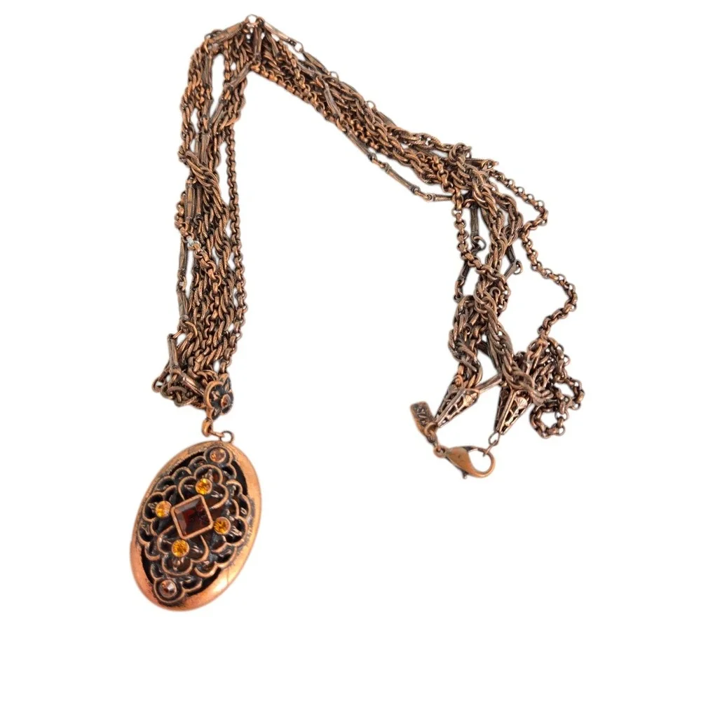 1928 Jewelery Co Copper Rinestone Picture Locket Necklace Victorian NWOT Vintage